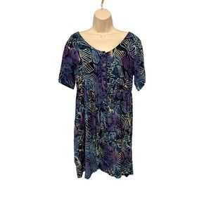 Far Away Handmade Batik Rayon Dress Purple Blue Abstract Empire Waist Size M‎